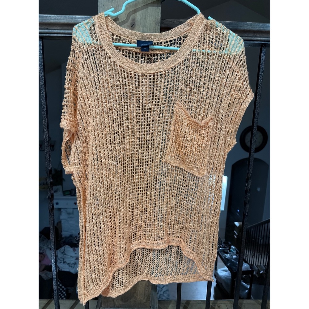 Daytrip Women XS Peach Open Knit Crochet Top Sheer Boho Mesh Pocket High Low Hem